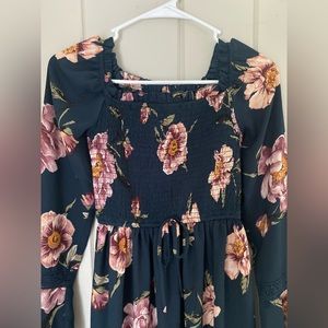 Xhilaration Long Sleeve Smocked Top Square Neck Dress- Teal SIZE S